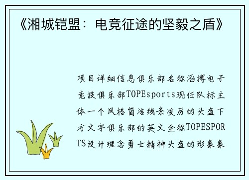 《湘城铠盟：电竞征途的坚毅之盾》